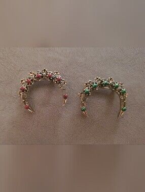 Gold-Tone Vintage Style Brooches with Green and Red Cabochons